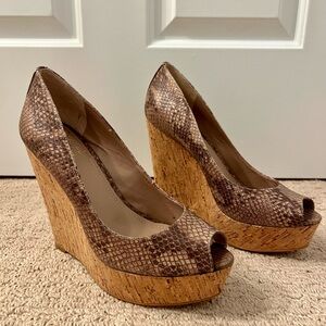 Vince Camuto Snakeskin Peep-Toe Wedges